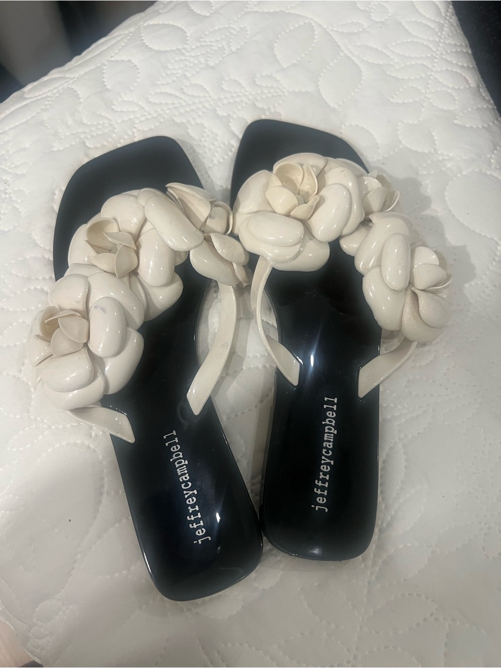 Jeffrey Campbell Black Footbed Sandals with Cream Braided Floral Straps